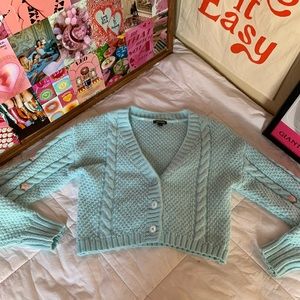 Blue Cropped Embroidered Cardigan